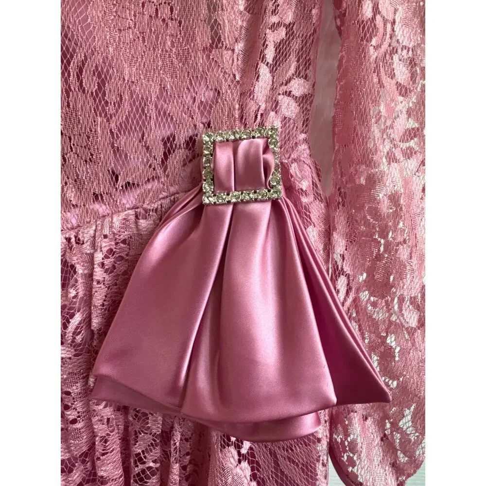 American vintage 70's pink lace prom Bridesmaid midi dress small